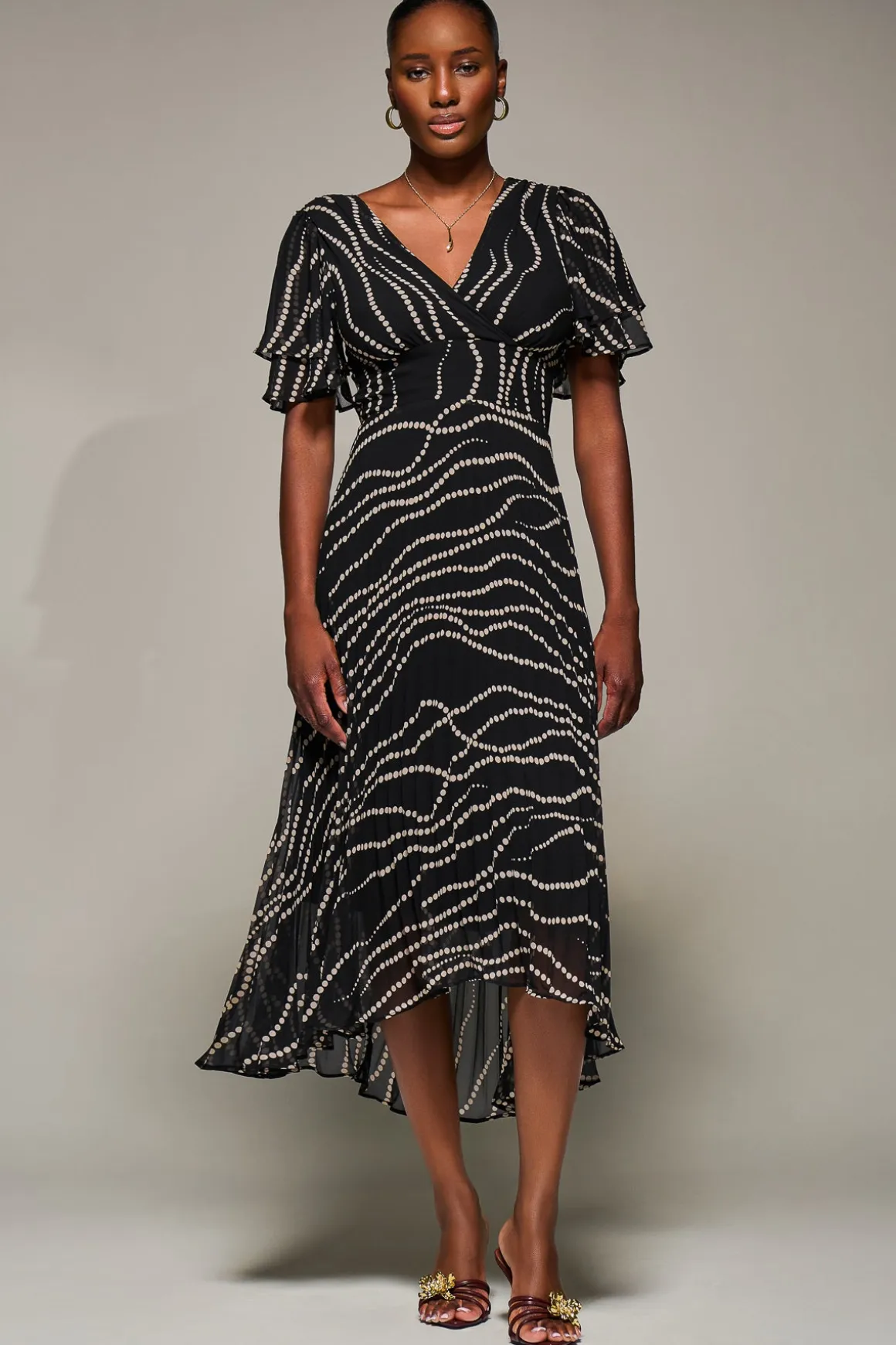 Angel Sleeve Pleated Chiffon Midaxi Dress, Black Spot