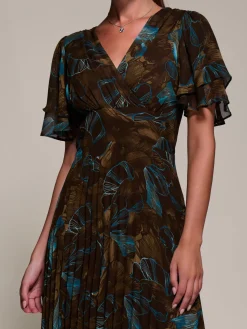 Angel Sleeve Pleated Chiffon Midaxi Dress, Brown Abstract