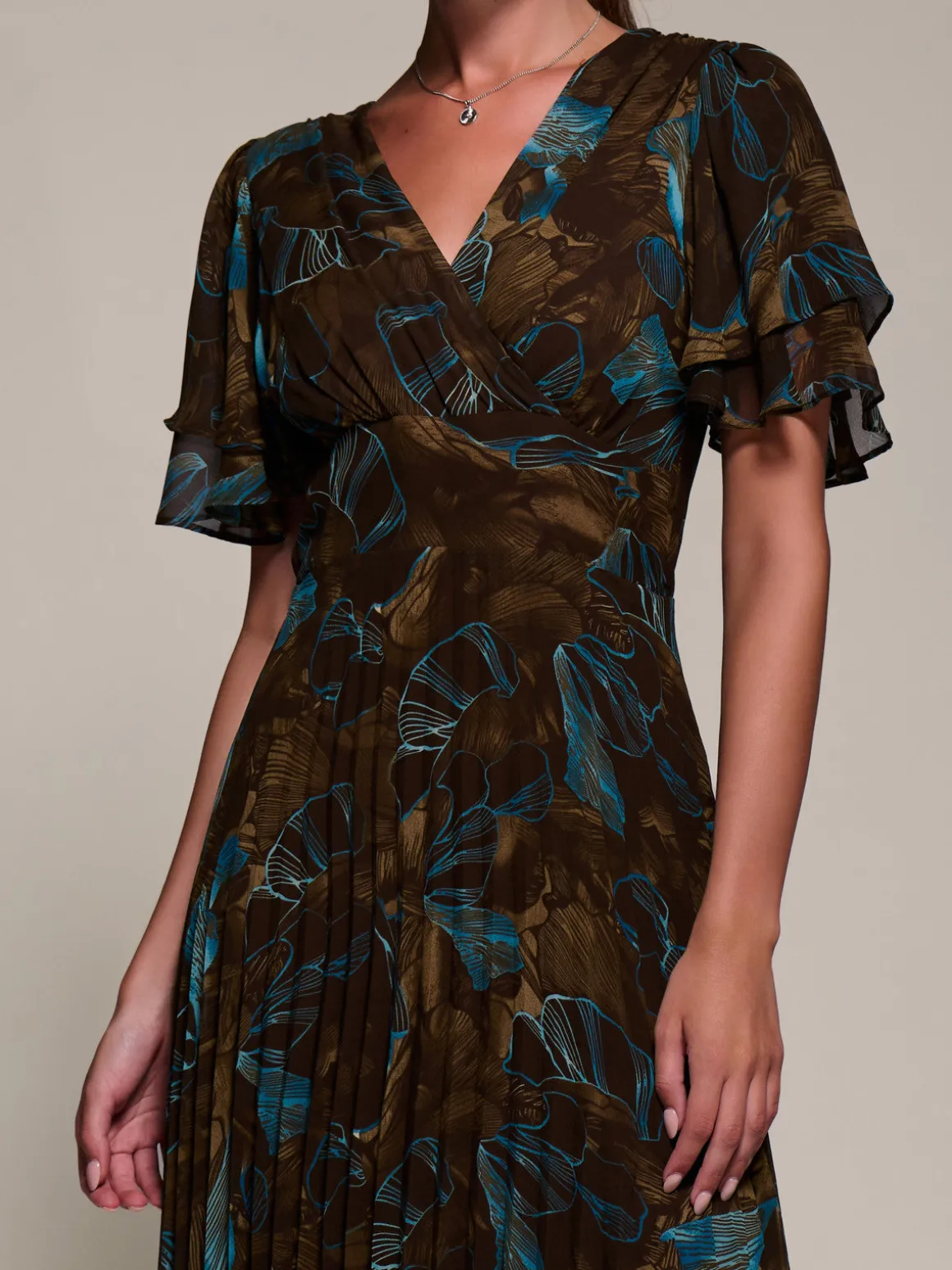 Angel Sleeve Pleated Chiffon Midaxi Dress, Brown Abstract