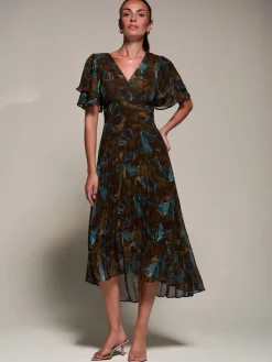 Angel Sleeve Pleated Chiffon Midaxi Dress, Brown Abstract