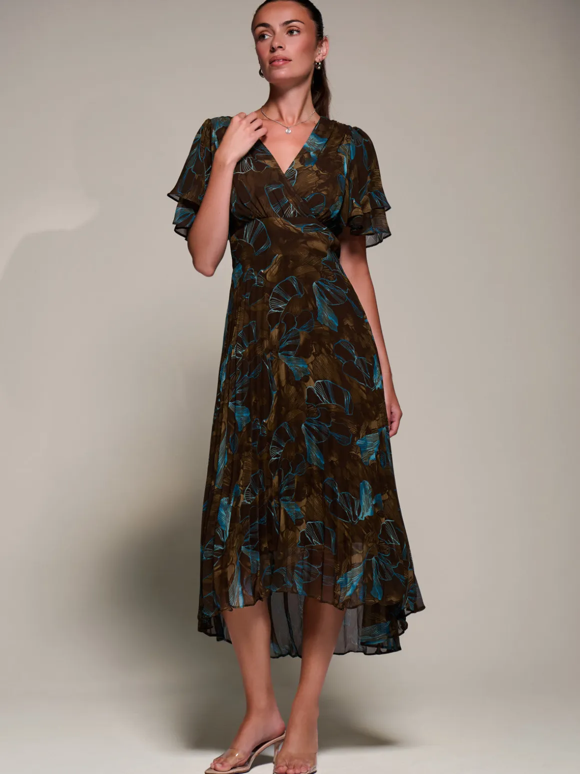 Angel Sleeve Pleated Chiffon Midaxi Dress, Brown Abstract