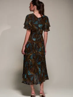 Angel Sleeve Pleated Chiffon Midaxi Dress, Brown Abstract