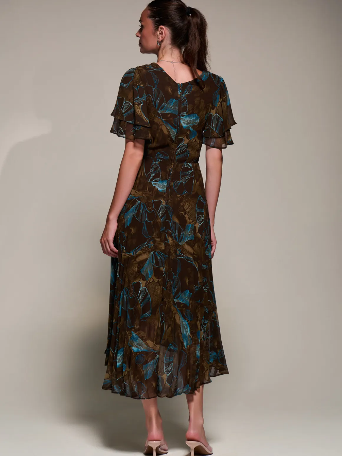 Angel Sleeve Pleated Chiffon Midaxi Dress, Brown Abstract