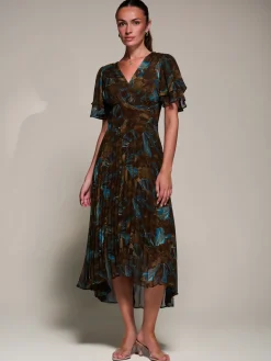 Angel Sleeve Pleated Chiffon Midaxi Dress, Brown Abstract