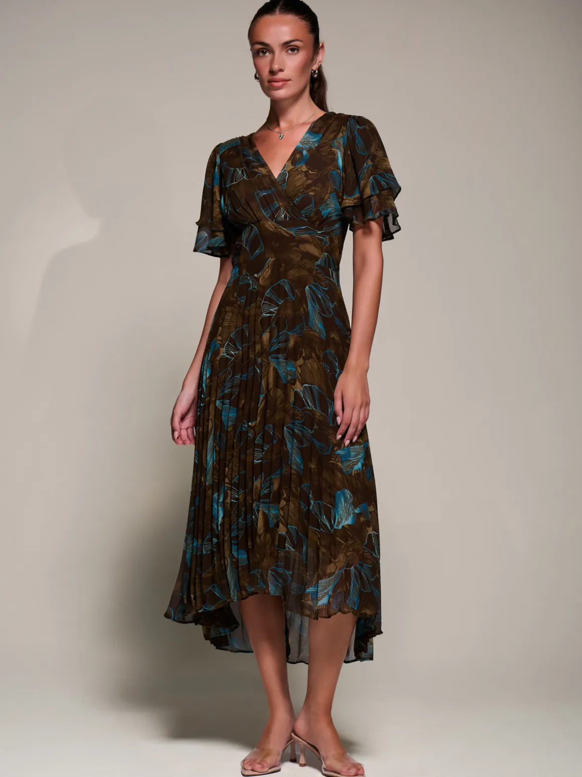 Angel Sleeve Pleated Chiffon Midaxi Dress, Brown Abstract