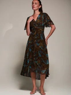 Angel Sleeve Pleated Chiffon Midaxi Dress, Brown Abstract