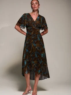 Angel Sleeve Pleated Chiffon Midaxi Dress, Brown Abstract