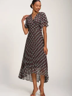 Angel Sleeve Pleated Chiffon Midaxi Dress, Brown Geo