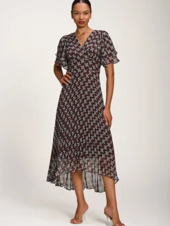 Angel Sleeve Pleated Chiffon Midaxi Dress, Brown Geo