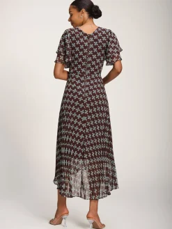 Angel Sleeve Pleated Chiffon Midaxi Dress, Brown Geo