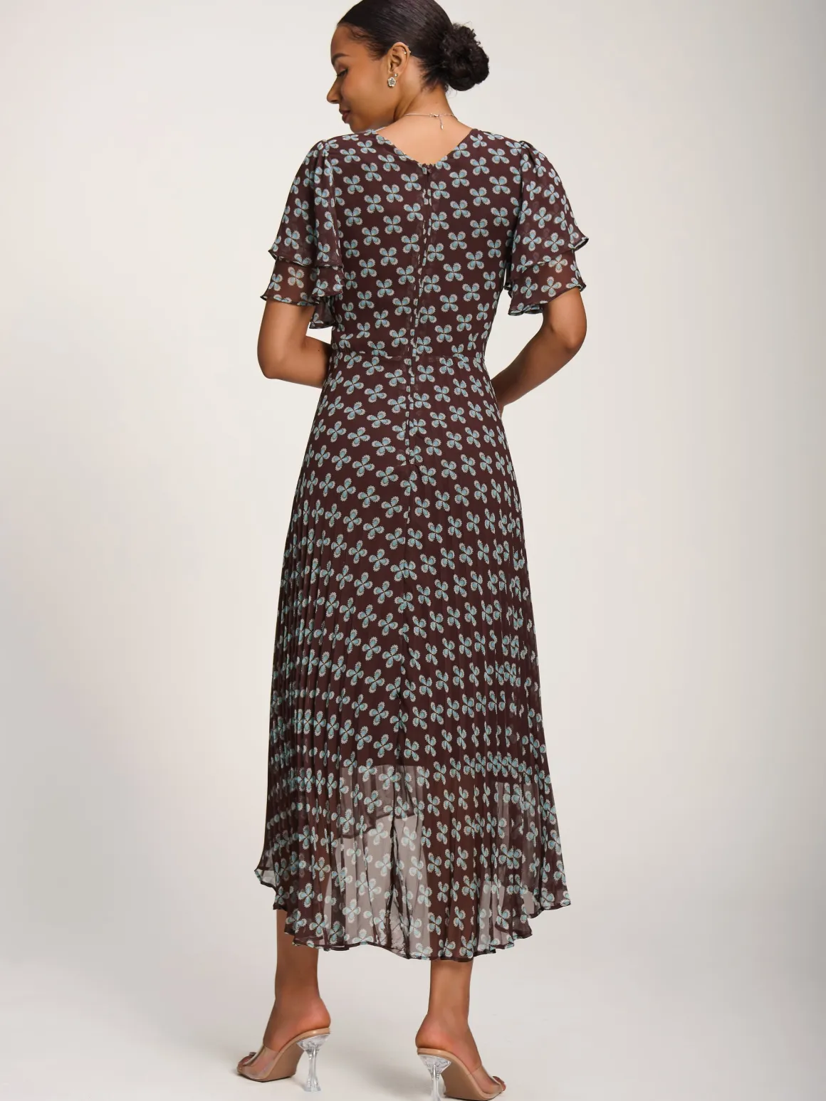Angel Sleeve Pleated Chiffon Midaxi Dress, Brown Geo