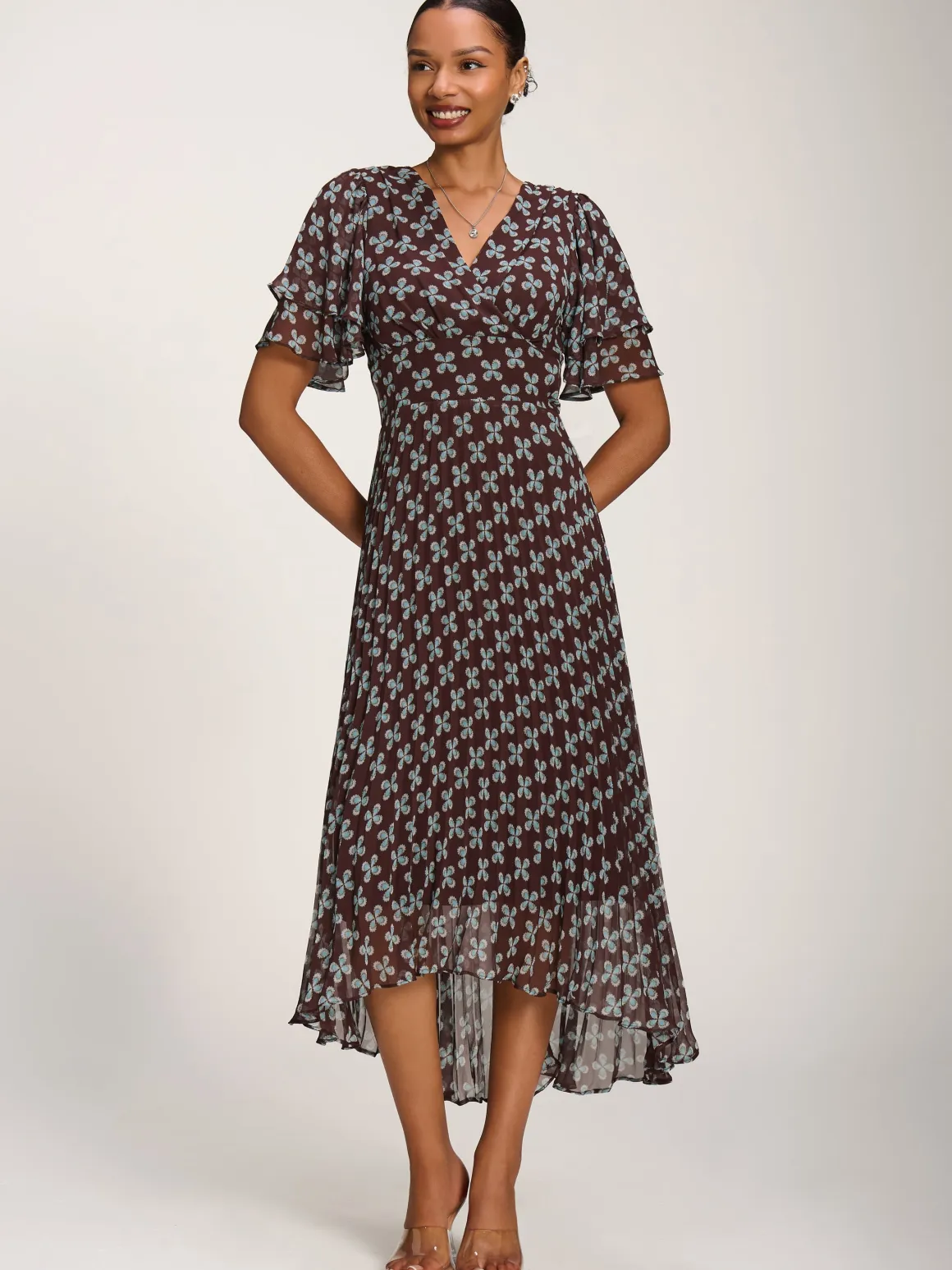 Angel Sleeve Pleated Chiffon Midaxi Dress, Brown Geo