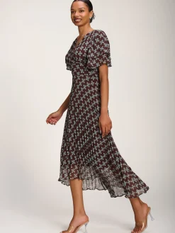 Angel Sleeve Pleated Chiffon Midaxi Dress, Brown Geo