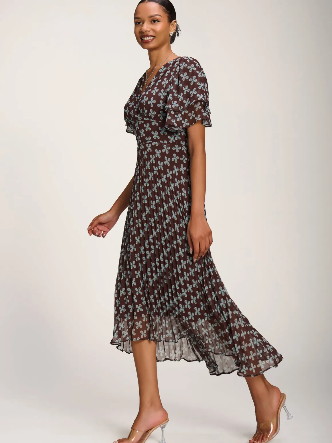 Angel Sleeve Pleated Chiffon Midaxi Dress, Brown Geo