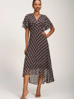 Angel Sleeve Pleated Chiffon Midaxi Dress, Brown Geo