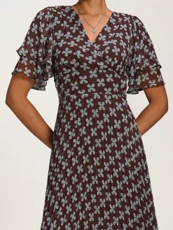 Angel Sleeve Pleated Chiffon Midaxi Dress, Brown Geo
