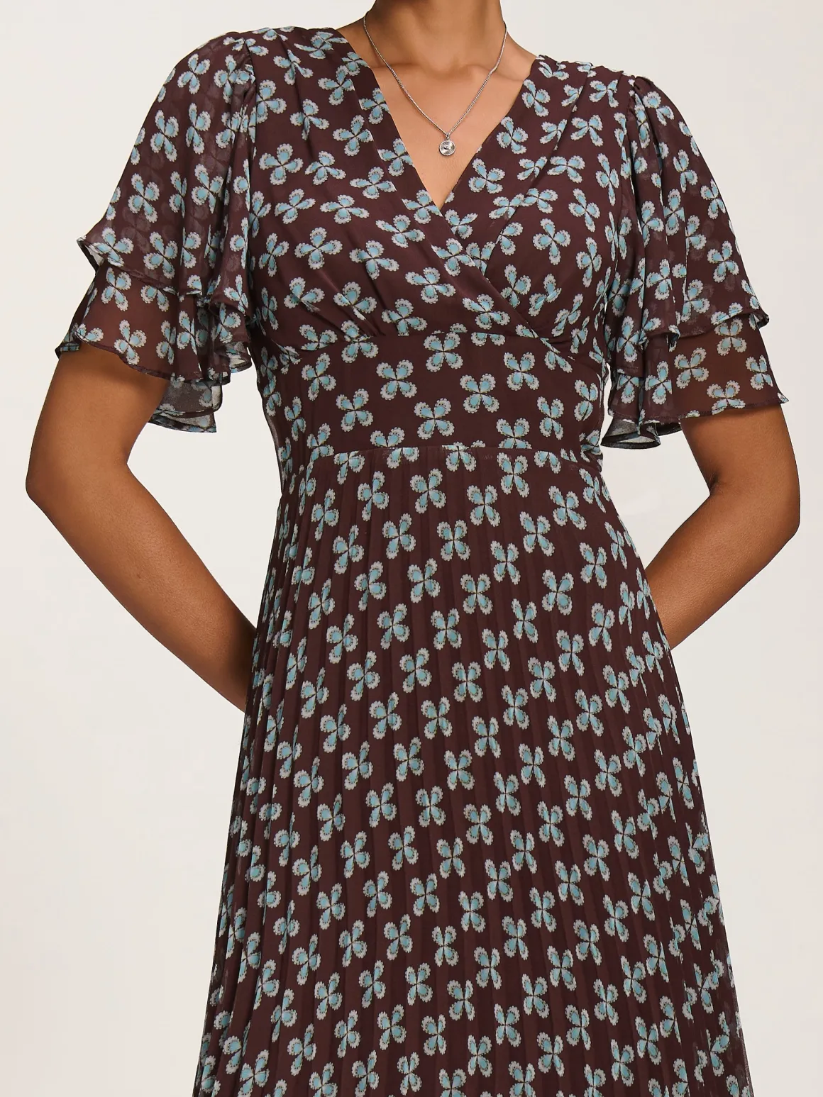 Angel Sleeve Pleated Chiffon Midaxi Dress, Brown Geo