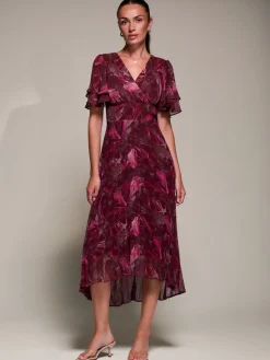 Angel Sleeve Pleated Chiffon Midaxi Dress, Burgundy Abstract