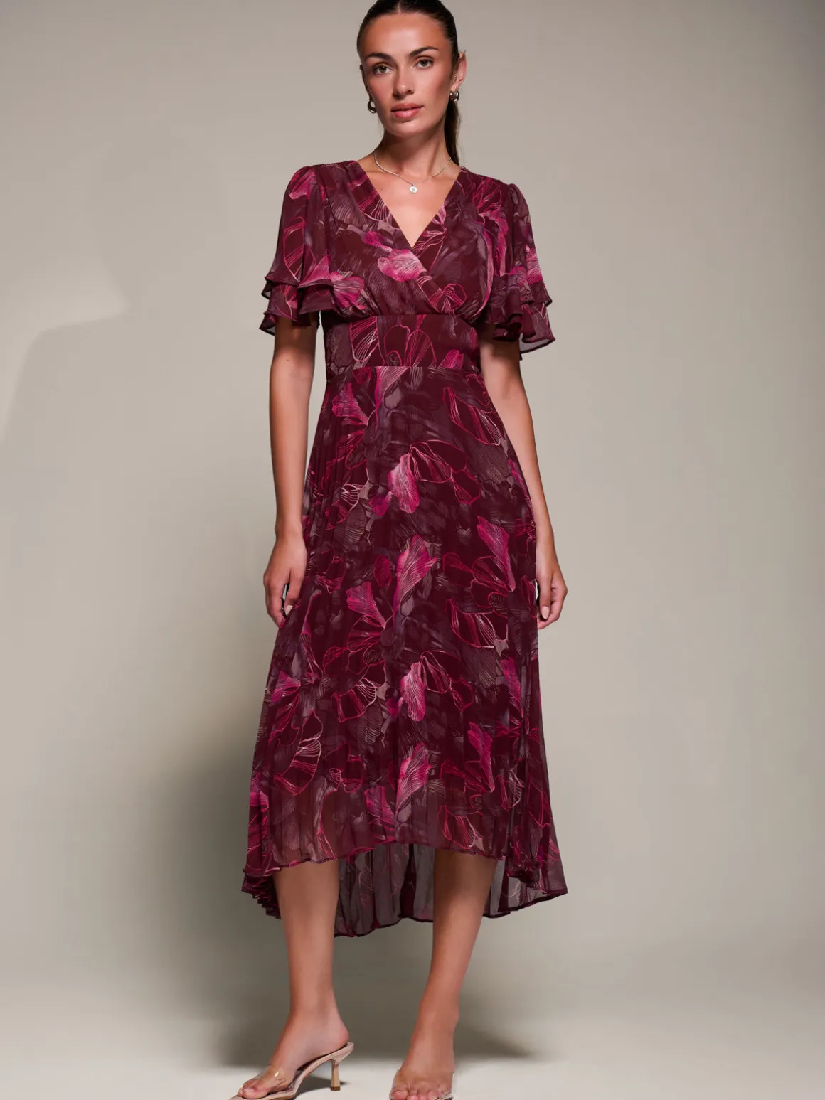 Angel Sleeve Pleated Chiffon Midaxi Dress, Burgundy Abstract