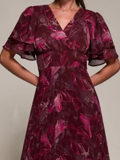 Angel Sleeve Pleated Chiffon Midaxi Dress, Burgundy Abstract