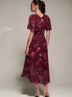 Angel Sleeve Pleated Chiffon Midaxi Dress, Burgundy Abstract