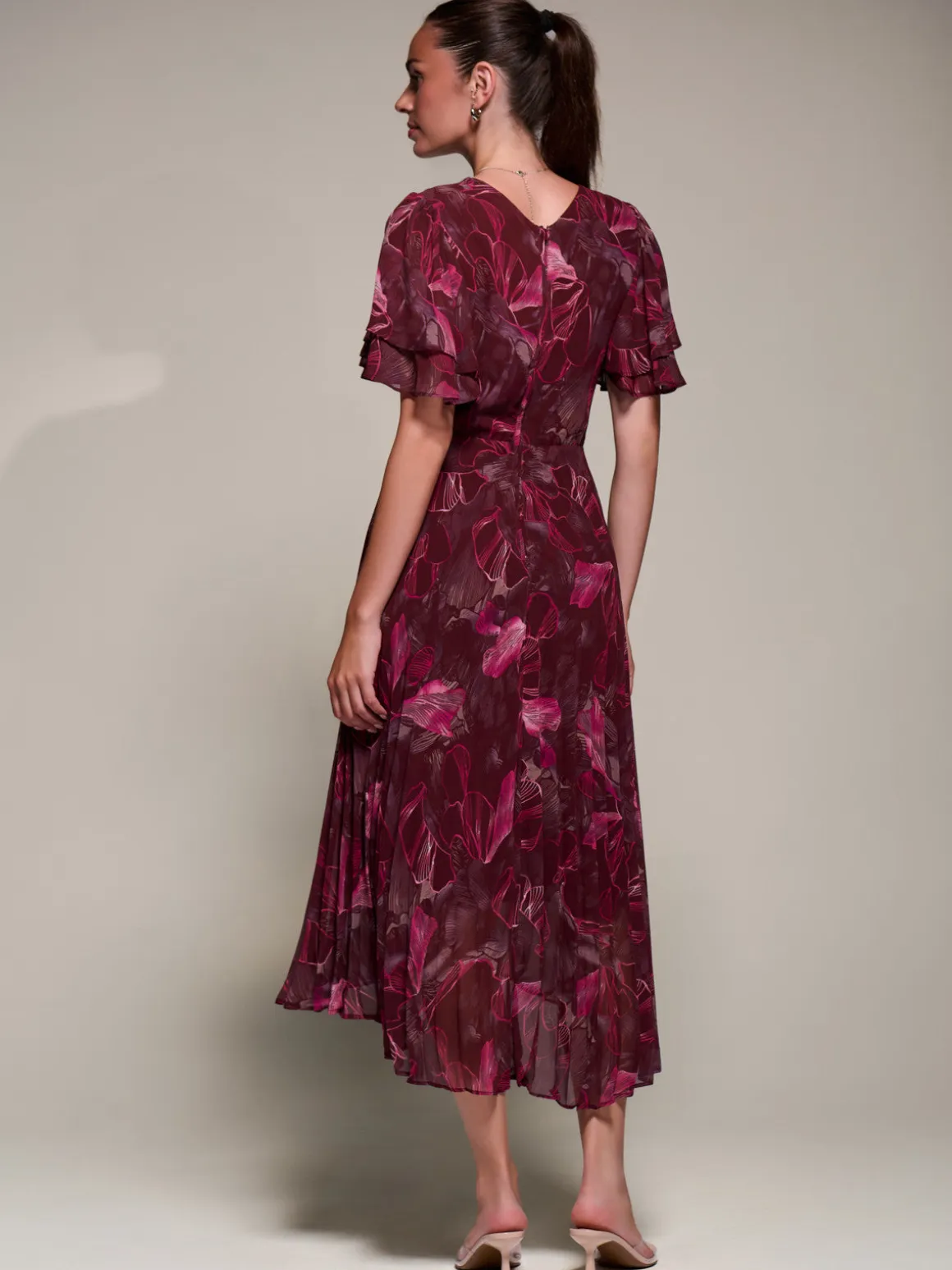 Angel Sleeve Pleated Chiffon Midaxi Dress, Burgundy Abstract