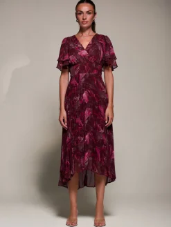 Angel Sleeve Pleated Chiffon Midaxi Dress, Burgundy Abstract