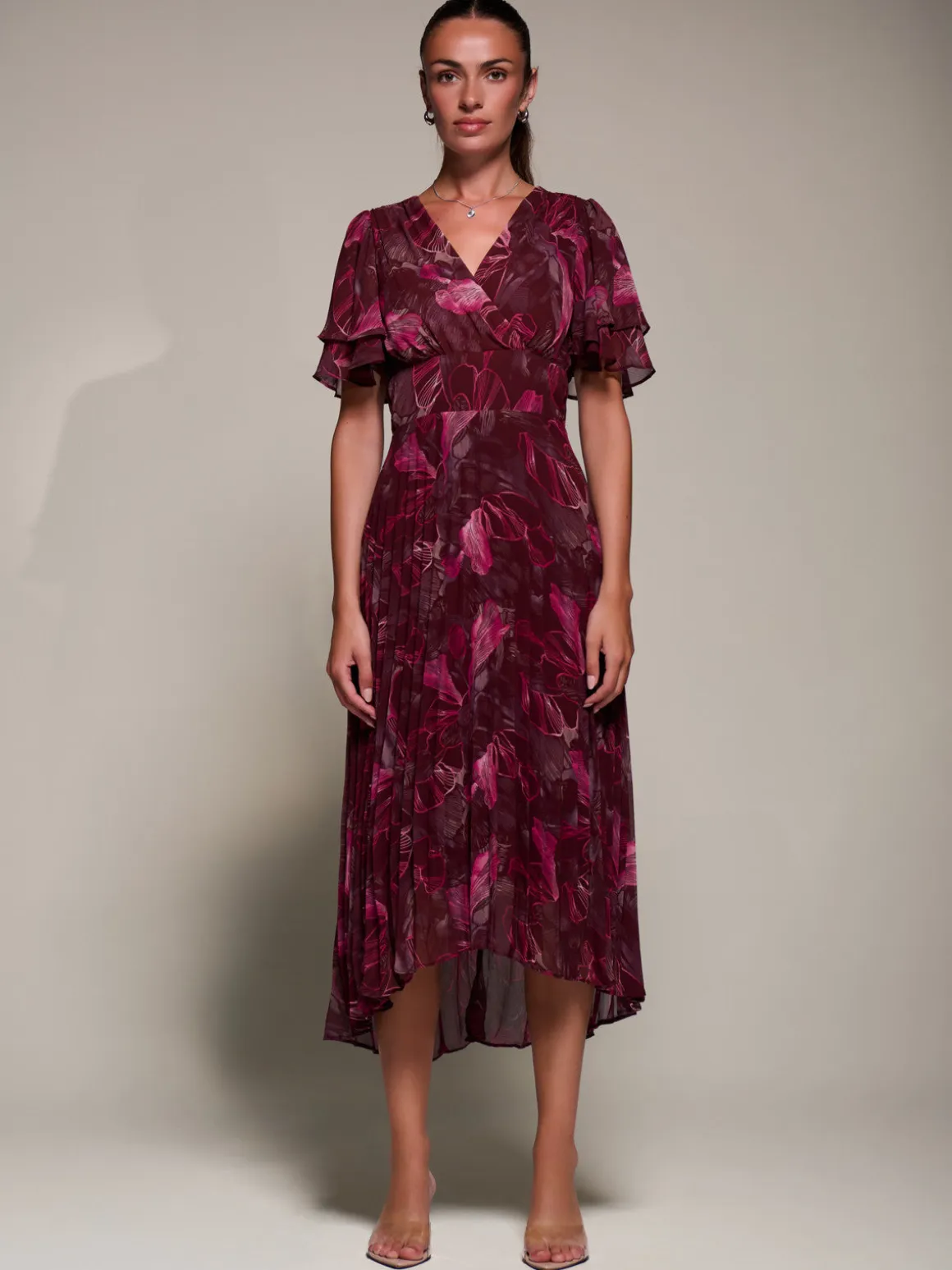Angel Sleeve Pleated Chiffon Midaxi Dress, Burgundy Abstract