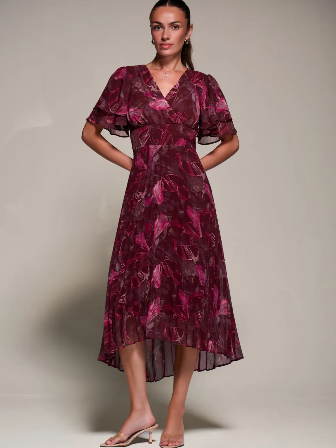 Angel Sleeve Pleated Chiffon Midaxi Dress, Burgundy Abstract