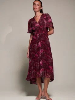 Angel Sleeve Pleated Chiffon Midaxi Dress, Burgundy Abstract