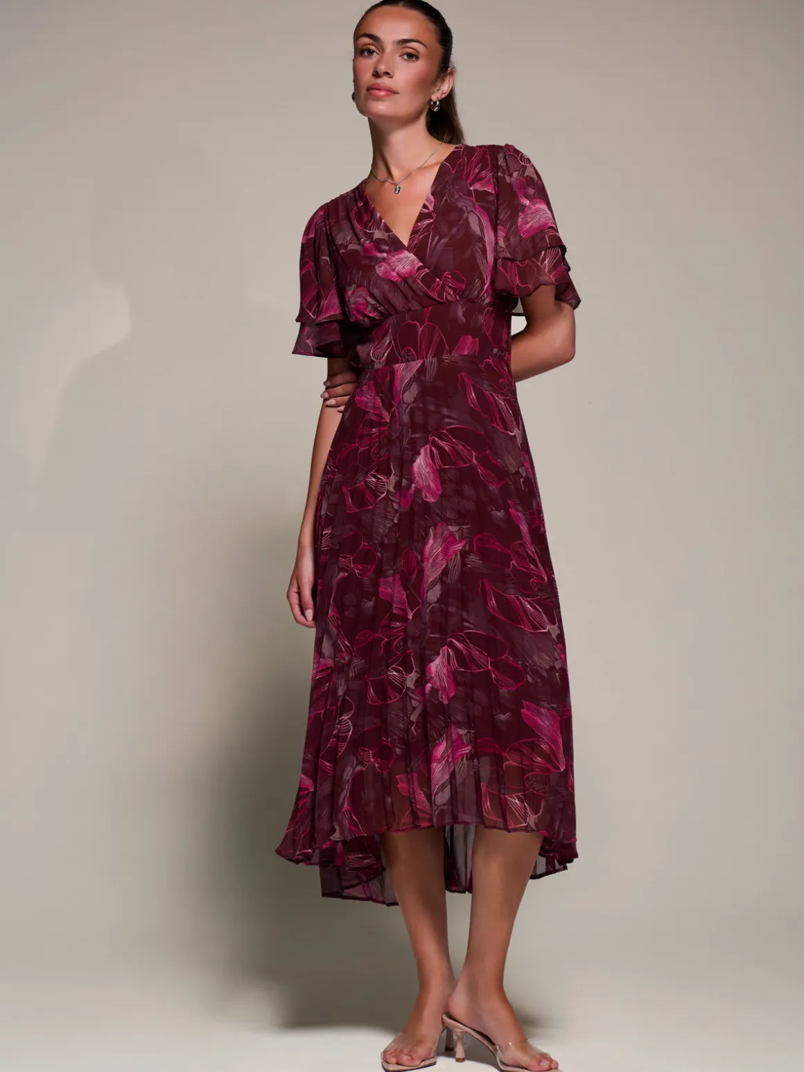 Angel Sleeve Pleated Chiffon Midaxi Dress, Burgundy Abstract