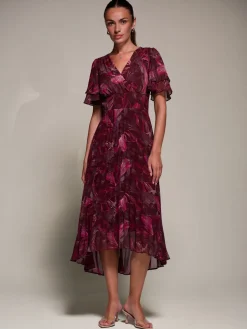 Angel Sleeve Pleated Chiffon Midaxi Dress, Burgundy Abstract