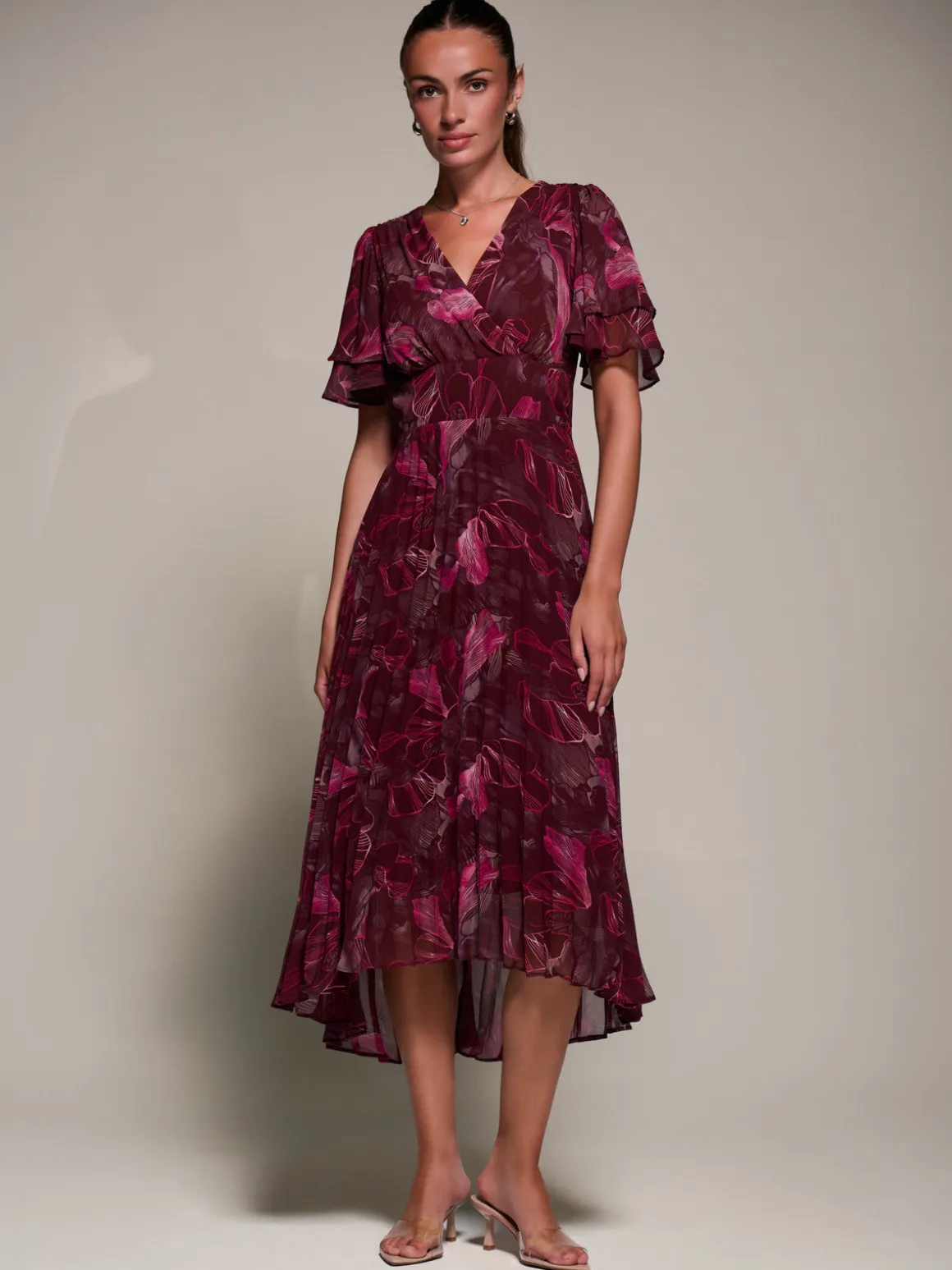 Angel Sleeve Pleated Chiffon Midaxi Dress, Burgundy Abstract
