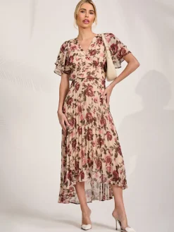 Angel Sleeve Pleated Chiffon Midaxi Dress, Cream Floral