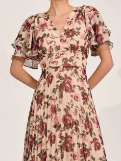 Angel Sleeve Pleated Chiffon Midaxi Dress, Cream Floral