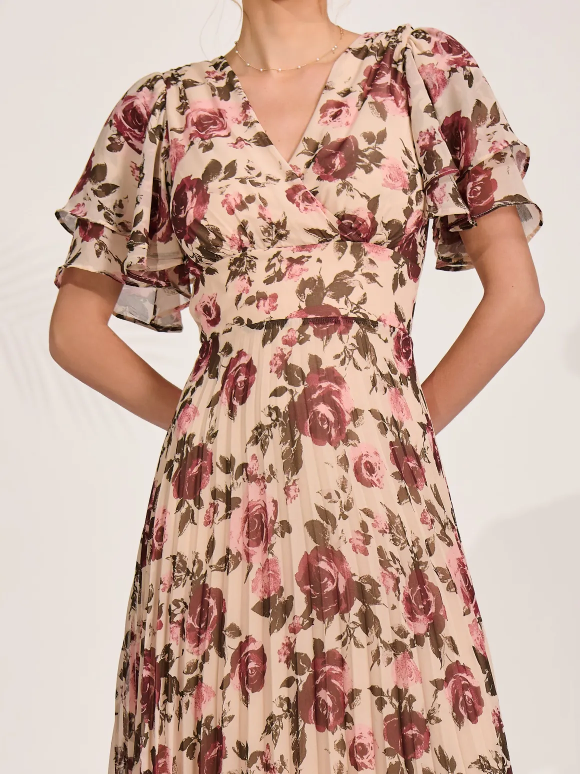 Angel Sleeve Pleated Chiffon Midaxi Dress, Cream Floral