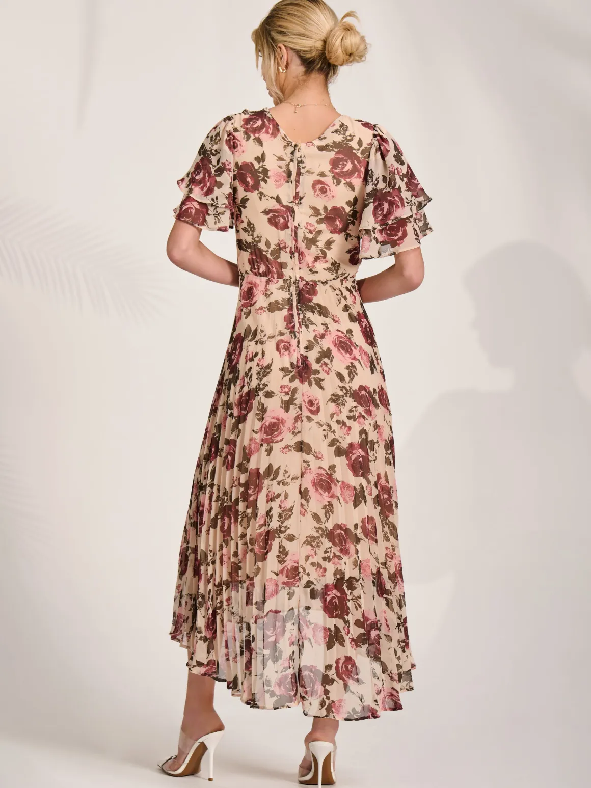 Angel Sleeve Pleated Chiffon Midaxi Dress, Cream Floral