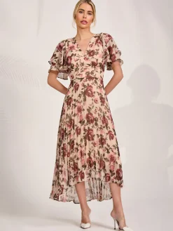Angel Sleeve Pleated Chiffon Midaxi Dress, Cream Floral
