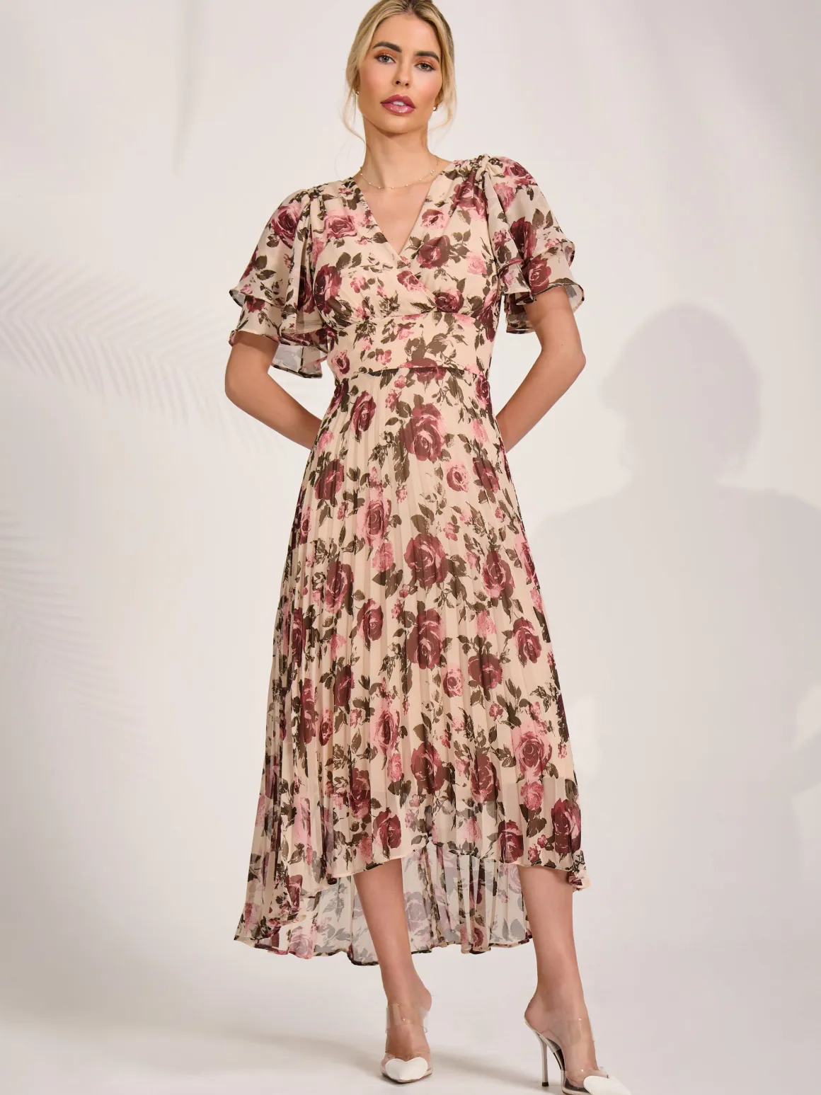 Angel Sleeve Pleated Chiffon Midaxi Dress, Cream Floral