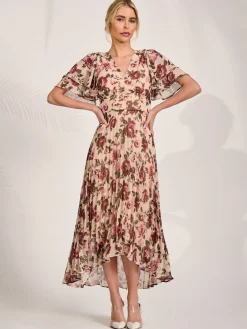 Angel Sleeve Pleated Chiffon Midaxi Dress, Cream Floral