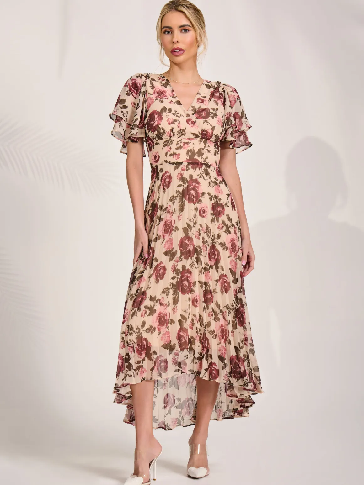Angel Sleeve Pleated Chiffon Midaxi Dress, Cream Floral