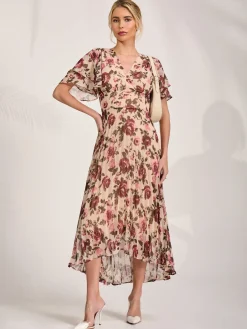 Angel Sleeve Pleated Chiffon Midaxi Dress, Cream Floral