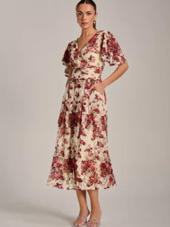 Angel Sleeve Print Lace Maxi Dress, Beige Floral