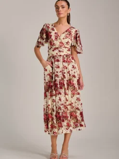 Angel Sleeve Print Lace Maxi Dress, Beige Floral