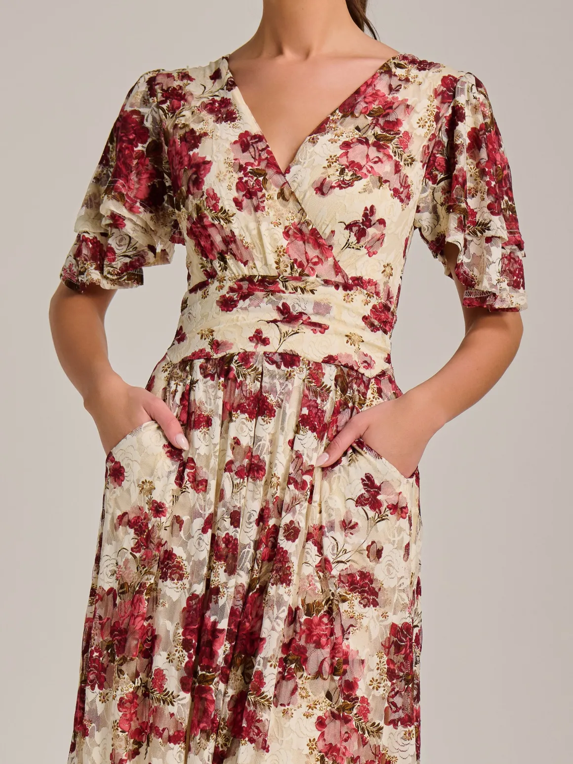 Angel Sleeve Print Lace Maxi Dress, Beige Floral