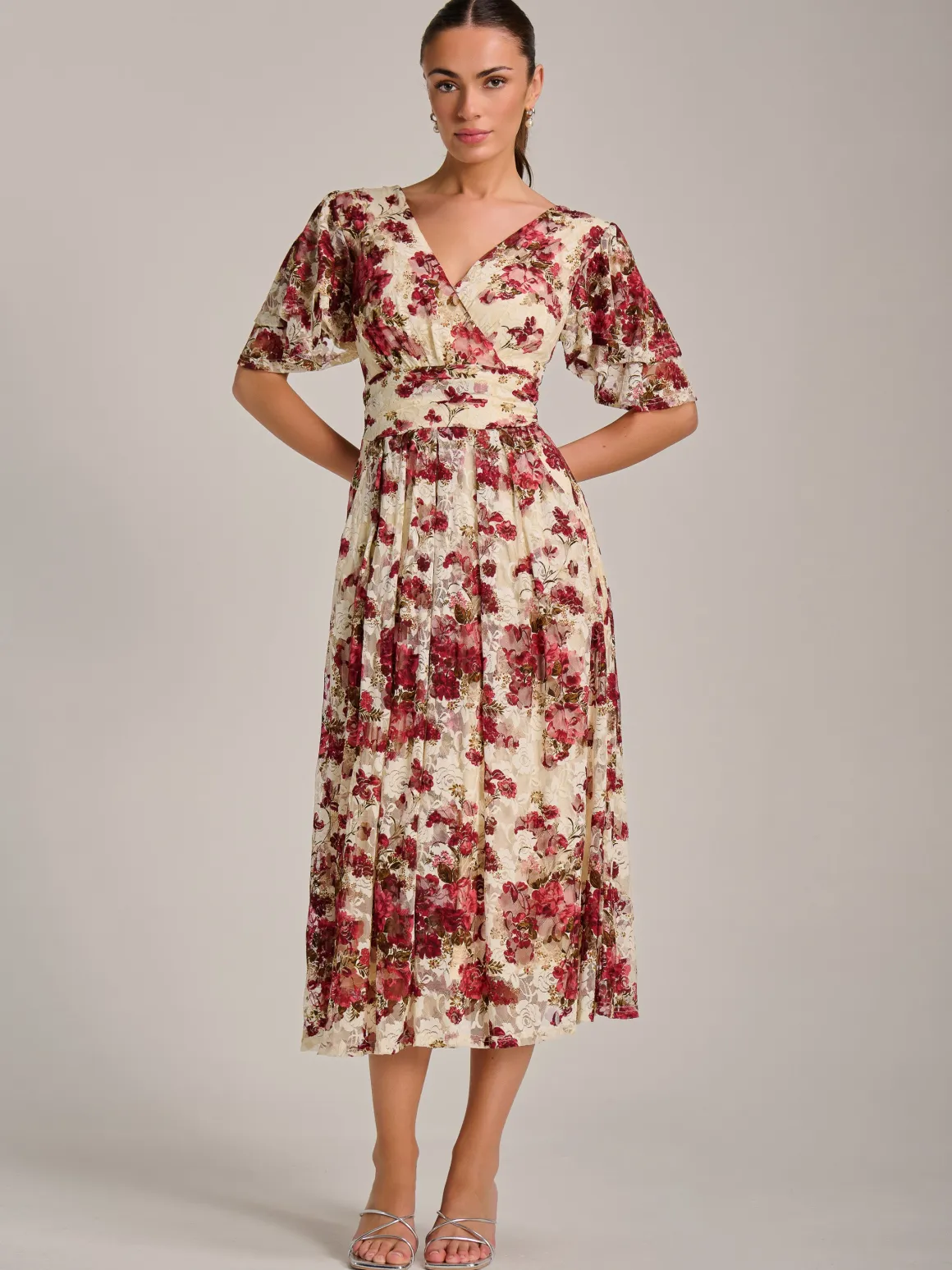 Angel Sleeve Print Lace Maxi Dress, Beige Floral