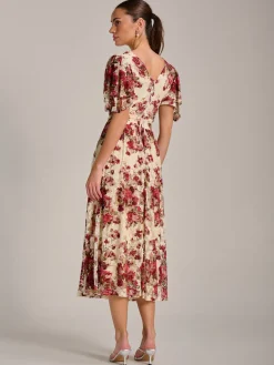 Angel Sleeve Print Lace Maxi Dress, Beige Floral