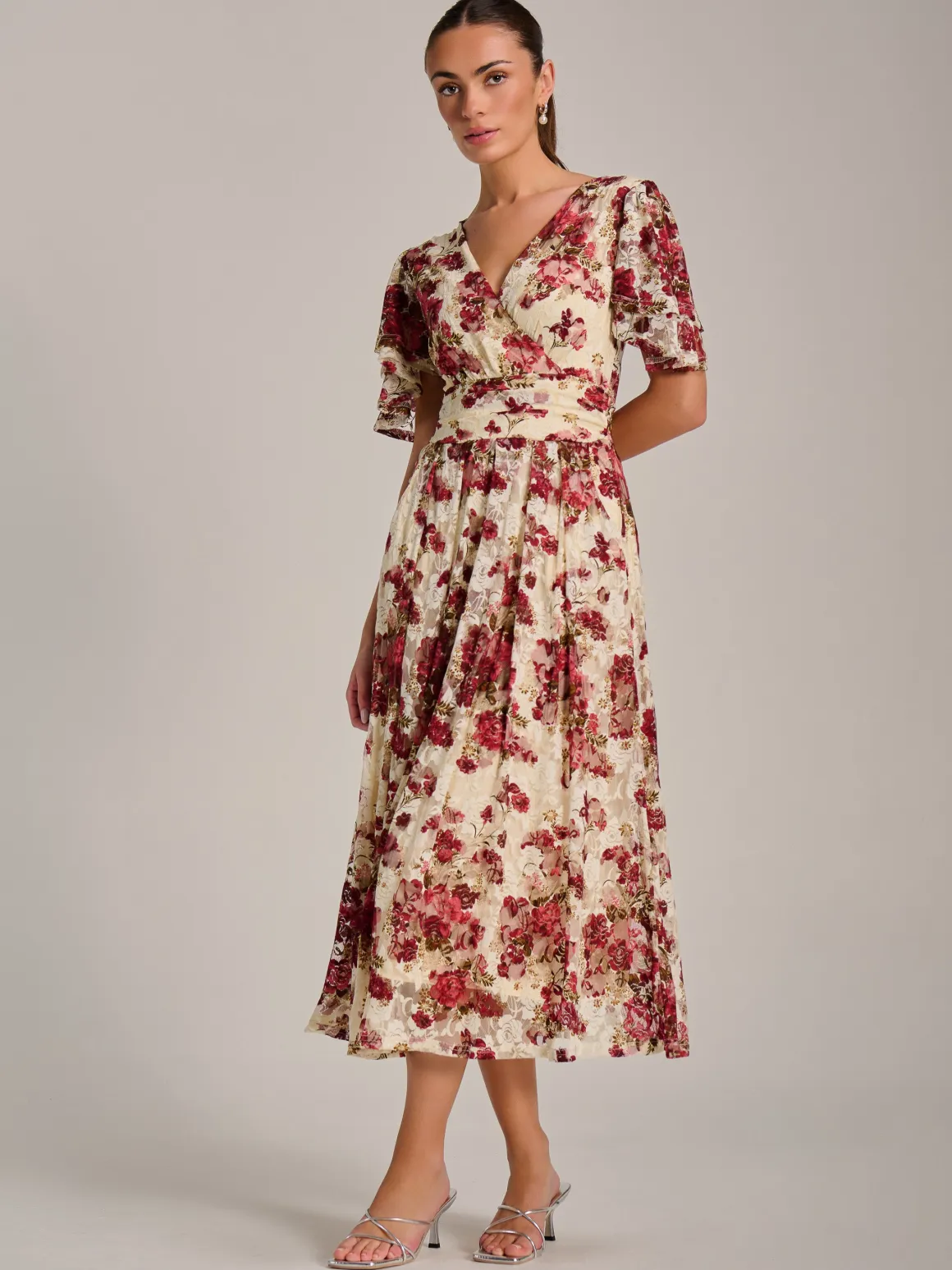 Angel Sleeve Print Lace Maxi Dress, Beige Floral