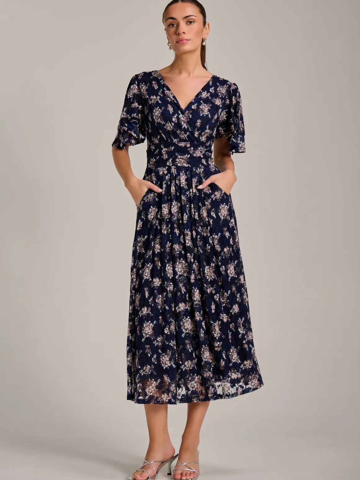 Angel Sleeve Print Lace Maxi Dress, Navy Floral