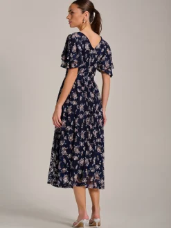 Angel Sleeve Print Lace Maxi Dress, Navy Floral